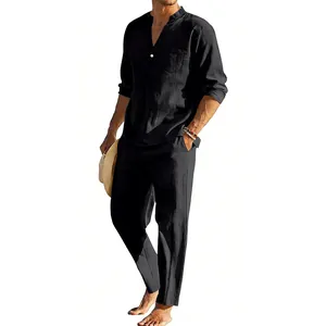 Set da uomo in lino nero con camicia Henley a maniche lunghe e pantaloni dritti