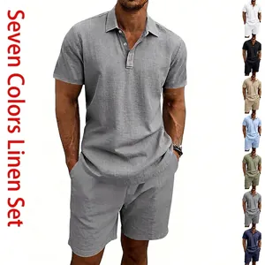 Set Casual in Lino Estivo da Uomo Polo a Maniche Corte e Pantaloncini Traspirante Top And Bottom per Spiaggia Vacanza
