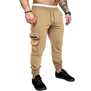 Close-up detail of khaki men's cargo joggers showing functional side pockets and fit