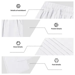 Detailed macro views of white loose linen pants waistband, pockets, and hem