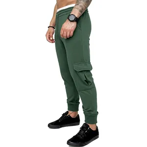 Side view of men's olive green cargo joggers featuring a large side pocket and cuffs