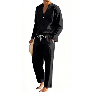 Completo da uomo in lino nero con camicia Henry a maniche lunghe e pantaloni a gamba dritta