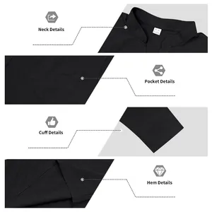 Dettagli di colletto, tasca, polsino e orlo su una camicia Henley in lino nero