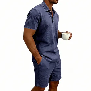 Completo uomo estivo in lino con polo e pantaloncini blu navy traspirante