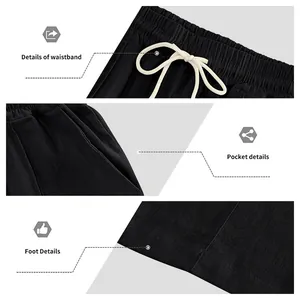Primi piani dettagliati di pantaloni in lino nero con elastico in vita, tasche e orlo