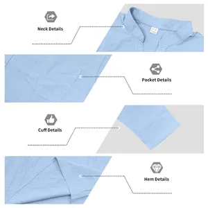 Dettagli della camicia Henley in lino azzurro: scollatura, tasca, polsino e orlo.