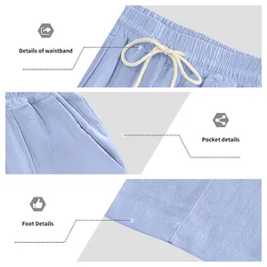 Dettaglio di vita, tasca e orlo dei pantaloni in lino azzurro chiaro.