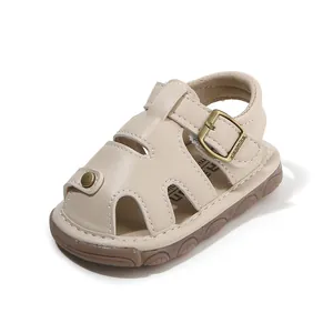 Breathable beige baby sandals with non-slip soft sole for toddlers learning to walk