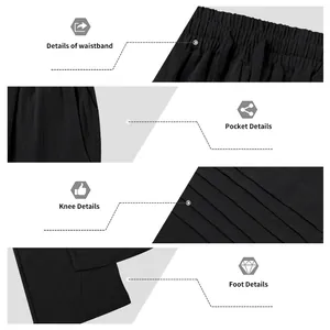 Detailed close-ups of men's loose linen trousers waistband, pockets, and pleated knees