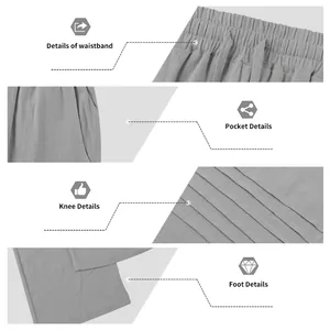 Detail shots of grey linen trousers showing waistband, pockets, and pleated fabric texture