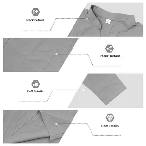 Viste dettagliate di camicia in lino grigio che mostrano collo, tasca, polsini e orlo