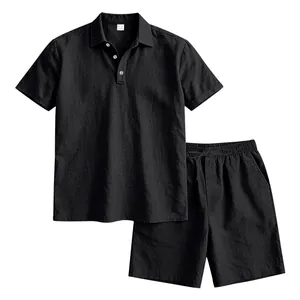 Completo estivo da uomo in lino nero con polo a maniche corte e pantaloncini con coulisse
