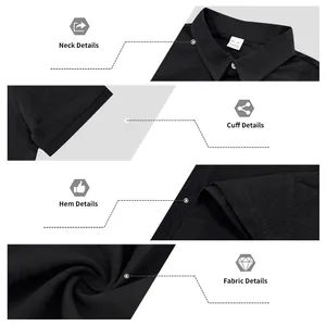 Detailansicht eines schwarzen Leinen-Poloshirts mit Kragen, Manschette und Stoffstruktur