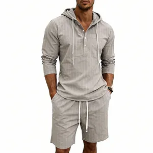 Ανδρικό casual σετ από λινό με ρίγες, κουκούλα Henley και σορτς σε γκρι χρώμα
