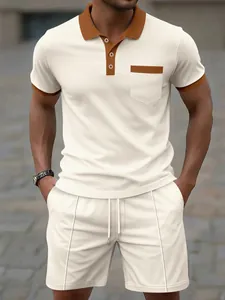 Men Waffle Knit Polo Shirt And Shorts Set Color Block Short Sleeve Summer Casual Sporty Top And Bottom