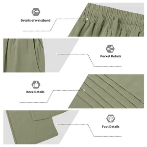 Close-up details of men's linen trousers showing waistband, pocket, knee pleats and hem.