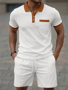 Men's summer white waffle knit polo shirt and shorts set with brown contrast trim