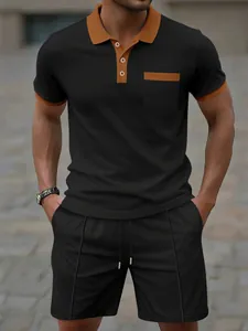 Men's waffle knit polo shirt and shorts two-piece set in black with orange trim