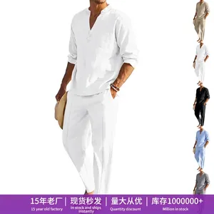 Completo da Uomo Casual in Lino con Top Henley a Maniche Lunghe e Pantaloni Dritti Leggero Traspirante per Mare e Estate