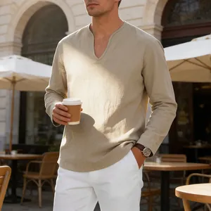 Detailed view of a casual men's loose linen V-neck long-sleeve shirt in a warm khaki color