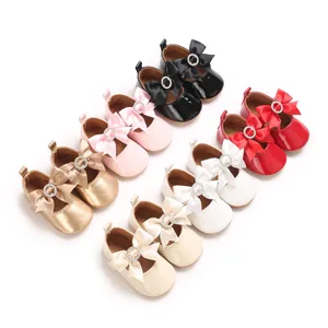 Säugling Baby Mädchen Schleife Mary Jane Schuhe Glänzendes PU-Leder Strass Schleife Rutschfeste Weiche Sohle Lauflernschuhe