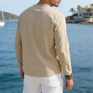 Back view of a casual loose linen long-sleeved men's T-shirt in khaki finish