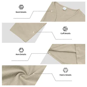 Detailed views of neckline, cuffs, hem, and linen fabric texture for men's V-neck shirt