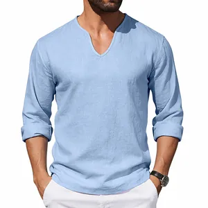 Men's casual light blue V-neck linen long sleeve shirt with loose fit and textured fabric