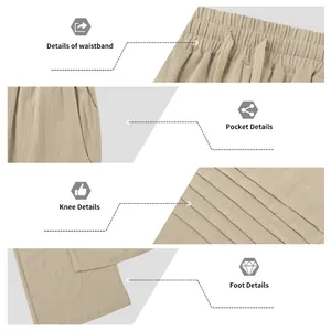 Macro detail views of men's loose linen trousers showing waistband, pockets and hems.