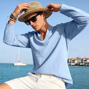 Men's stylish loose linen casual V-neck long sleeve T-shirt for beach vacation lifestyle