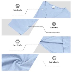 Detailed close-up of V-neck, cuff, and breathable linen fabric of a men's blue T-shirt.