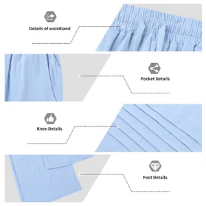 Detail views of light blue linen pants waistband, pockets and pleated hem details.