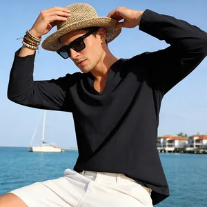 Men's loose black linen V-neck long sleeve shirt perfect for casual beach vacation style