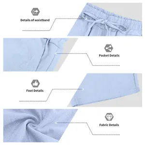 Viste dettagliate dei pantaloncini di lino azzurri con vita, tasca e trama del tessuto