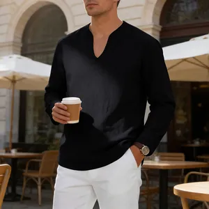 Close-up of men's casual black V-neck long-sleeve shirt in a linen-style fabric.
