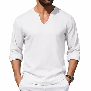 Detail view of a men's white linen long sleeve shirt with a V-neck design.