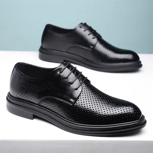 Elegant black perforated men's business dress shoes for wedding and formal wear