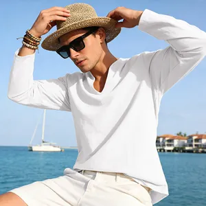 Men's loose white linen long sleeve T-shirt with casual V-neck design for summer beach style