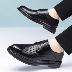 Black breathable hollow leather business dress shoes for men's formal occasions
