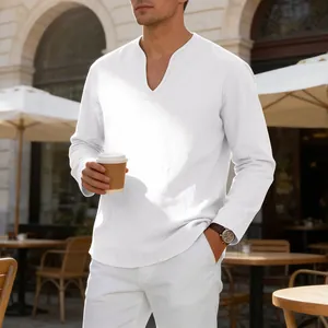 Detailed view of white linen V-neck long sleeve shirt for men in casual setting