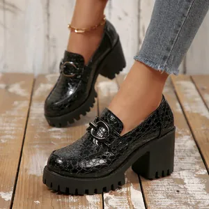 Vrouwen Blokhak Loafers Platform Krokodillenpatroon PU Leer Pumps Met Metalen Gesp Britse Stijl Kantoorschoenen