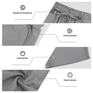 Dettagli dei pantaloncini in lino grigio: girovita, tasca, orlo e trama del tessuto.