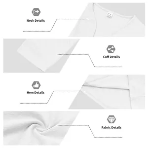 Close-up details of men's white linen V-neck shirt neck, cuff, hem and fabric