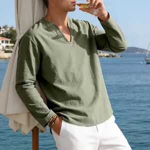 Detail view of olive green linen V-neck long sleeve shirt for men in casual beach style