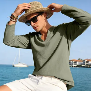Men's loose linen V-neck long sleeve T-shirt in olive green for beach casual wear