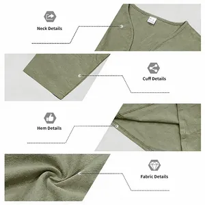Detailed close-up views of men's linen V-neck shirt neck, cuff, hem and fabric texture.