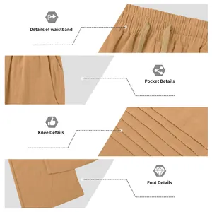 Detailed views of men's linen trousers showing waistband, pockets, and fabric texture.