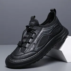 Black breathable mesh outdoor casual shoes for men with quick-lace system