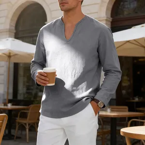 Detailed shot of a men's casual grey linen V-neck long sleeve shirt for a relaxed outdoor look