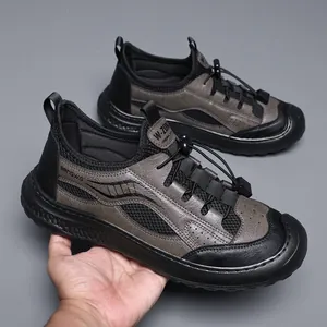 Breathable mesh outdoor casual men's shoes with leather patchwork and quick lace
